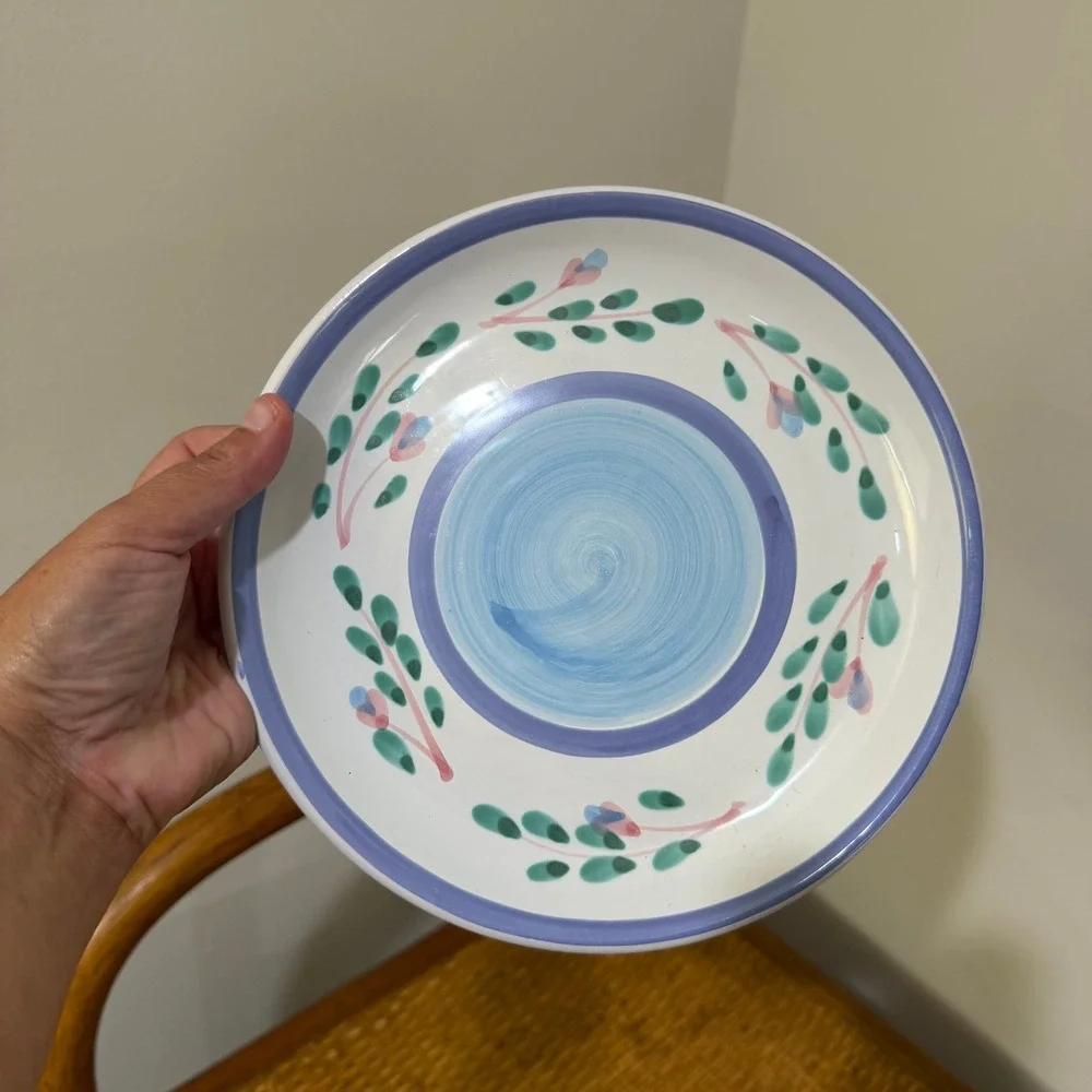Caleca Blue Garland Hand Painted Italy Blue Floral Salad Plates Set of 4 ~8in